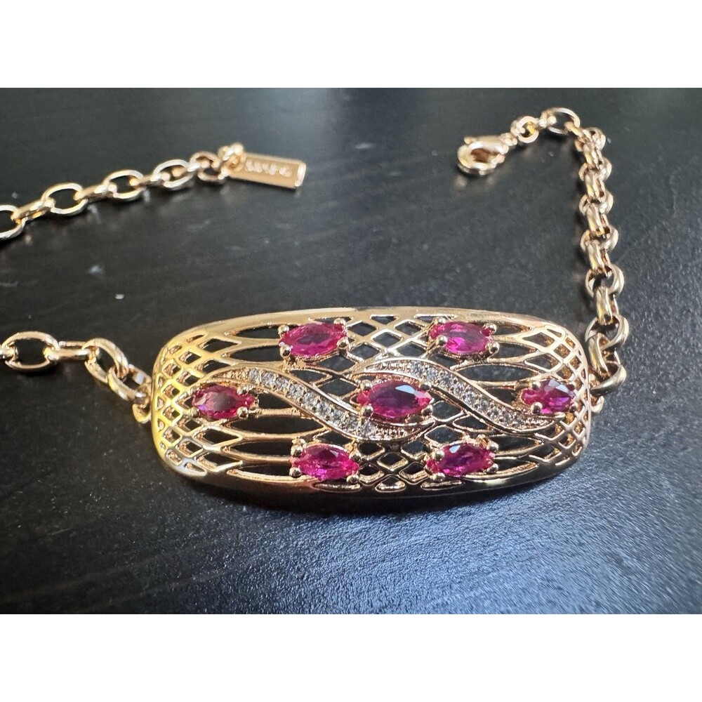 585 14K RG Rolled Gold Stamped Filigree Lattice Marquise Rubies Bracelet